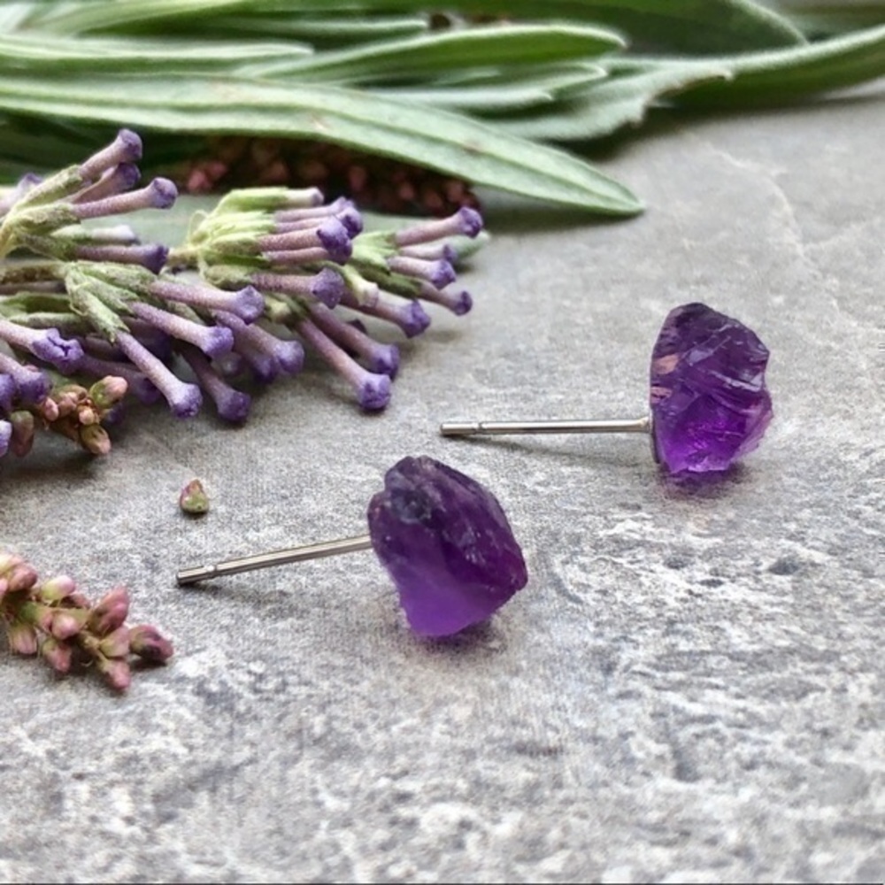 Raw Amethyst Sterling Silver Crystal Stud Earrings NEW Gold Plated